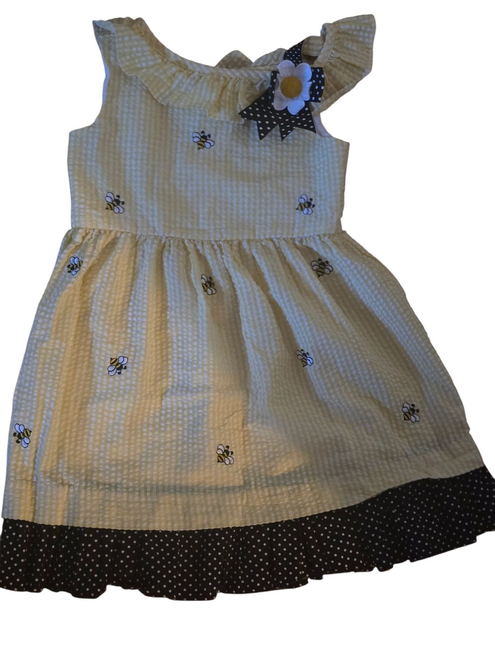 Rare Editions Yellow Bee Embroidered Sundress with Black Polka Dot Trim